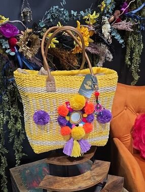 Hand Embellished OOAK Yellow Woven Tote Bag w/Colorful Trim & Bag Charm
